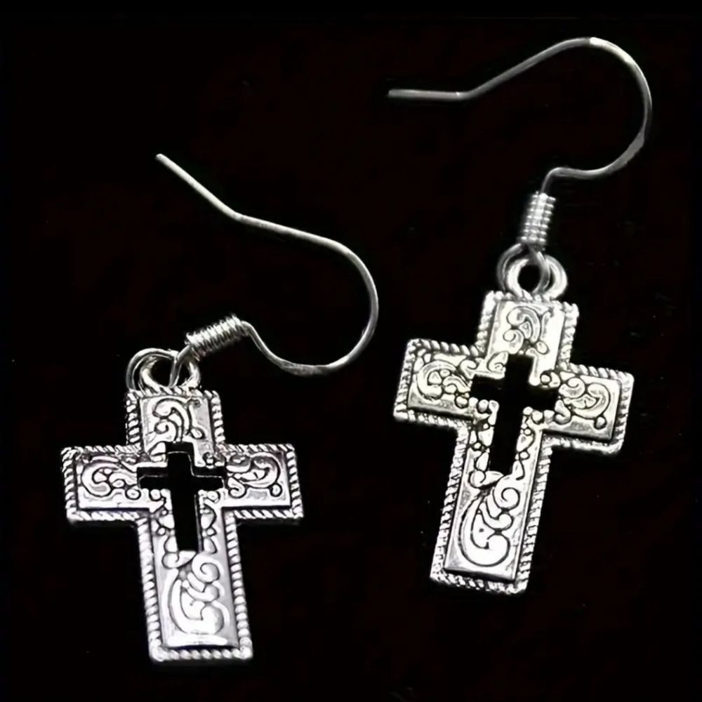 Silver cross earrings hollowed engraved minimalist jewelry